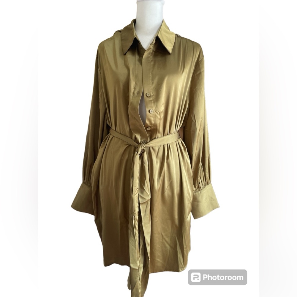 Lulus olive green satin button down dress Large